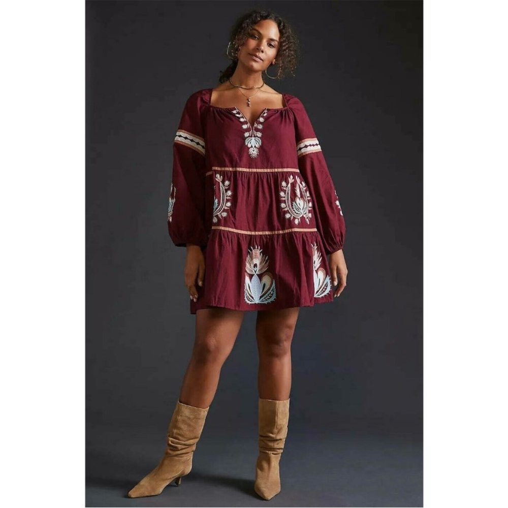 NWT Anthropologie Let Me Be Embroidered Tunic Dress 1X HTF $170 Red Puff Sleeve